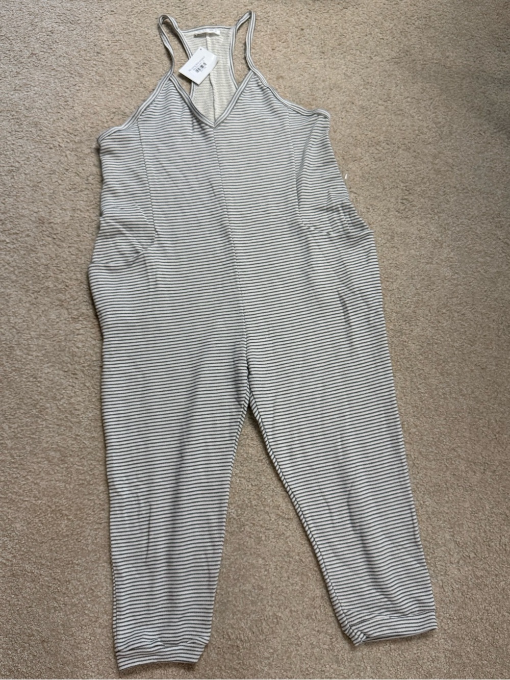 Striped V-Neck Sleeveless Jumpsuit in Light Gray and White